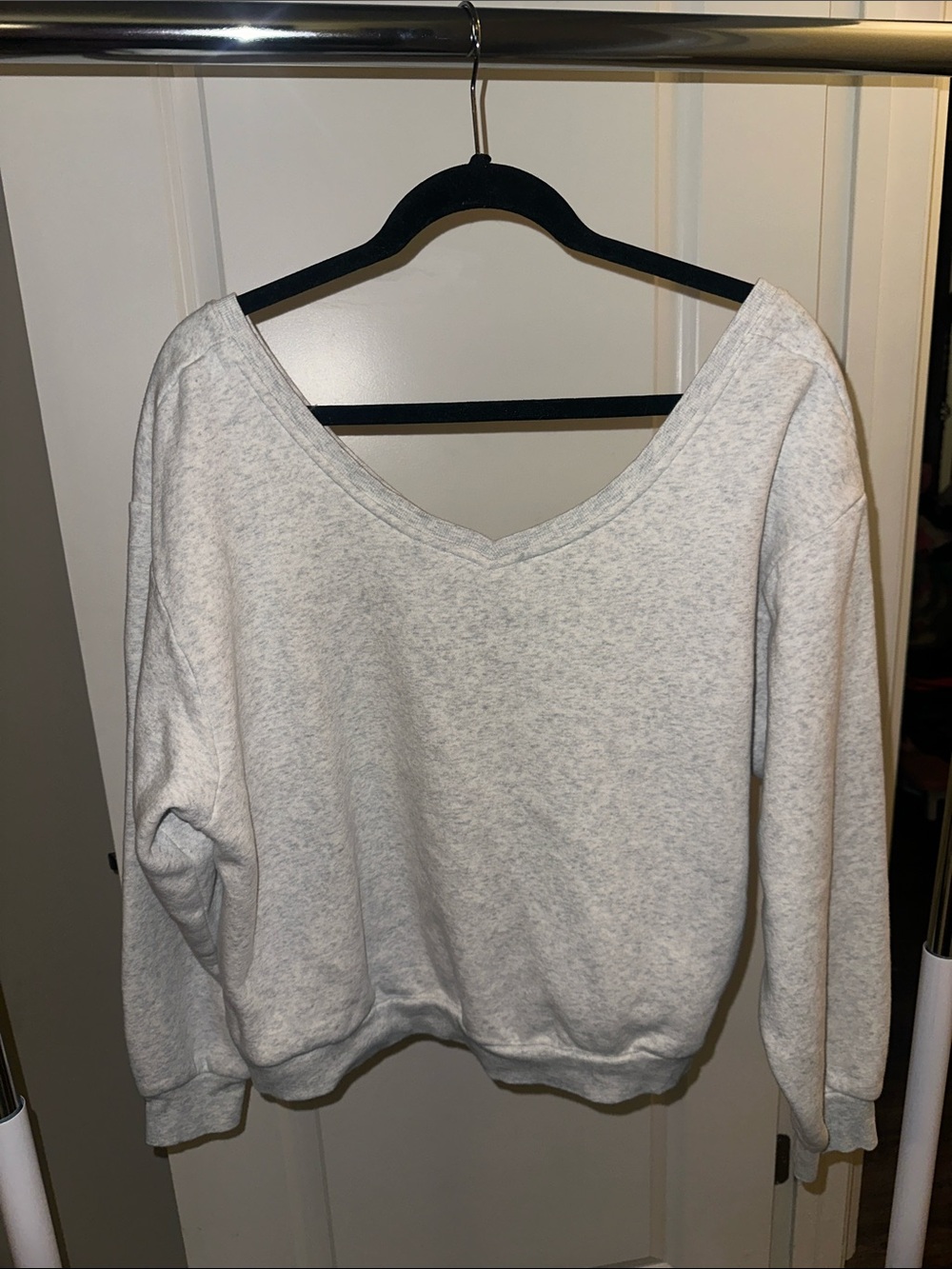 Light Gray Wide V-Neck Women's Sweater (cute falls off the shoulder look)